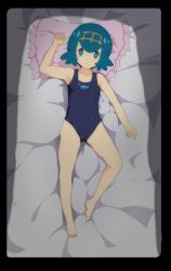 Rule 34 | 1girl, absurdres, barefoot, blue eyes, blue hair, blush, creatures (company), feet, game freak, highres, lana (pokemon), looking at viewer, lying, medium hair, nintendo, pillow, pokemon, pokemon (game), pokemon sm, sl8-all, solo, toes