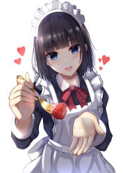 Rule 34 | 1girl, :d, absurdres, apron, back bow, black dress, blue eyes, blunt bangs, blurry, blurry foreground, blush, bow, breasts, collared dress, commentary request, cowboy shot, dress, dress shirt, feeding, food, fork, fruit, head tilt, heart, highres, holding, holding fork, incoming food, juliet sleeves, kanata (harukakanatan), long sleeves, looking at viewer, maid, maid apron, maid headdress, medium breasts, medium hair, mole, mole under eye, neck ribbon, open mouth, original, pov feeding, puffy sleeves, red ribbon, ribbon, shirt, sidelocks, simple background, skirt, smile, solo, strawberry, white background, white skirt