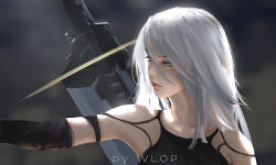Rule 34 | 1girl, bare shoulders, blue eyes, elbow gloves, gloves, highres, long hair, mole, mole under mouth, nier (series), nier:automata, revision, solo, sword, weapon, white background, wlop, a2 (nier:automata)