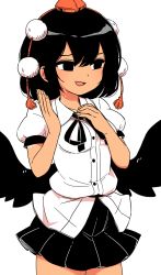 Rule 34 | 1girl, bird wings, black eyes, black hair, black ribbon, black skirt, black wings, buttons, collared shirt, cowboy shot, facing viewer, fingernails, hair between eyes, hand on own chest, hands up, hat, highres, looking to the side, maguro (mawaru sushi), medium hair, miniskirt, neck ribbon, open mouth, pleated skirt, pom pom (clothes), puffy sleeves, red hat, ribbon, shameimaru aya, shirt, short sleeves, simple background, skirt, smile, solo, standing, sweat, tokin hat, touhou, white background, white shirt, wings