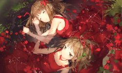 Rule 34 | 2girls, absurdres, air bubble, anmi, autumn leaves, brown hair, choker, dress, closed eyes, from above, green eyes, hair ribbon, highres, long hair, multiple girls, parted lips, partially submerged, red dress, ribbon, scan, water