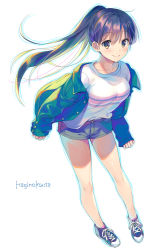 Rule 34 | 1girl, artist name, blush, breasts, brown eyes, brown hair, closed mouth, full body, green jacket, grey shorts, hagino kouta, hair between eyes, highres, jacket, long hair, looking at viewer, off shoulder, open clothes, open jacket, original, pink socks, ponytail, purple footwear, shirt, shoes, short shorts, shorts, simple background, small breasts, smile, sneakers, socks, solo, standing, very long hair, white background, white shirt