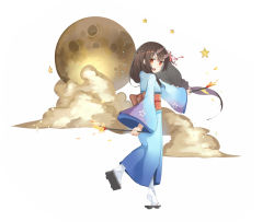 Rule 34 | 1girl, :d, black footwear, blue kimono, blush, brown hair, character request, cloud, full moon, geta, hair ribbon, holding, horns, japanese clothes, kai-ri-sei million arthur, kimono, long hair, long sleeves, looking at viewer, looking to the side, million arthur (series), mitu yang, moon, obi, official art, open mouth, red eyes, red ribbon, ribbon, sash, simple background, smile, socks, solo, standing, standing on one leg, star (symbol), very long hair, white background, white socks, wide sleeves