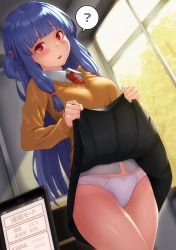 Rule 34 | 1girl, ?, black panties, blue hair, blunt bangs, blush, breasts, cellphone, clothes lift, collared shirt, commentary request, day, highres, indoors, kotonoha aoi, kurione (zassou), lifting own clothes, long hair, looking at viewer, medium breasts, necktie, one side up, panties, parted lips, phone, pov, red eyes, red necktie, shirt, side ponytail, skirt, skirt lift, smartphone, solo, speech bubble, spoken question mark, straight hair, sweat, sweater, thighs, translation request, underwear, upskirt, very long hair, voiceroid, white panties, white shirt, window, yellow sweater