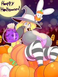Rule 34 | 1girl, blonde hair, blue eyes, breasts, cassie (theycallhimcake), choker, cleavage, female focus, gigantic breasts, halloween, hat, highres, long hair, open mouth, original, pumpkin, rabbit, shirt, sitting, skirt, solo, striped clothes, striped thighhighs, theycallhimcake, thighhighs, very long hair, witch hat