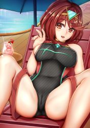Rule 34 | 1girl, black one-piece swimsuit, blush, breasts, cameltoe, cocktail umbrella, competition swimsuit, female focus, glass, hexelica, large breasts, matching hair/eyes, nintendo, one-piece swimsuit, pussy, pyra (pro swimmer) (xenoblade), pyra (xenoblade), red eyes, red hair, smile, solo, spread legs, swept bangs, swimsuit, xenoblade chronicles (series), xenoblade chronicles 2