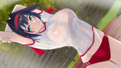 Rule 34 | 1girl, absurdres, alternate costume, arms up, blouse, blue eyes, blue hair, blush, breasts, buruma, commentary, covered navel, cowboy shot, dated, day, dutch angle, english commentary, eyelashes, gym uniform, hair intakes, headband, highres, holocouncil, hololive, hololive english, large breasts, looking at viewer, midriff, no bra, otapic, ouro kronii, outdoors, parted lips, red buruma, see-through, see-through sleeves, shirt, short hair, signature, smile, solo, standing, stretching, sweat, virtual youtuber, wet, wet clothes, wet shirt, white shirt