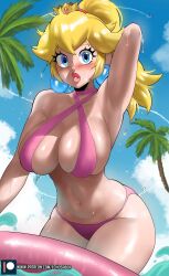 Rule 34 | 1girl, absurdres, arm up, bare shoulders, bikini, blonde hair, blue eyes, blue sky, blush, breasts, cloud, commentary, cowboy shot, criss-cross halter, crown, day, earrings, echo saber, f.l.u.d.d., halterneck, highres, jewelry, large breasts, long hair, mario, mario (series), mini crown, navel, nintendo, palm tree, pink bikini, pink lips, ponytail, princess peach, sky, solo, sphere earrings, standing, stomach, super mario sunshine, swimsuit, thighs, tree