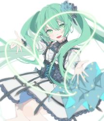 Rule 34 | 1girl, belt, blush, dress, flower, frills, green eyes, green hair, hair between eyes, hair flower, hair ornament, halterneck, halterneck, hatsune miku, heart, highres, lace, lace-trimmed skirt, lace trim, long hair, looking at viewer, na ta53, open mouth, outstretched arms, project sekai, skirt, smile, solo, twintails, very long hair, white background