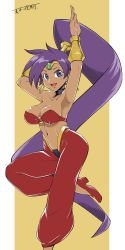 Rule 34 | 1girl, :d, absurdres, arm above head, arm up, armpits, bare shoulders, breasts, choker, collarbone, earrings, harem pants, high-waist pants, high heels, highres, hoop earrings, jewelry, large breasts, leg up, long hair, maki yoshitake, midriff, navel, o-ring, o-ring top, open mouth, pants, pointy ears, ponytail, purple choker, purple eyes, purple hair, red footwear, shantae, shantae (series), smile, solo, tan, translation request, very long hair, yellow background