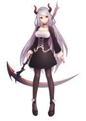 Rule 34 | 1girl, black choker, black dress, black footwear, breasts, brown pantyhose, choker, closed mouth, collarbone, commentary request, crescent, cross-laced clothes, dress, full body, heart, highres, holding, holding scythe, holding weapon, horns, legs apart, liu lan, long hair, long sleeves, looking away, medium breasts, original, pantyhose, red eyes, scythe, shoes, short dress, sidelocks, sideways glance, silver hair, simple background, smile, solo, standing, swept bangs, very long hair, weapon, white background