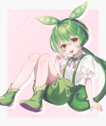 Rule 34 | 1girl, :3, absurdres, boots, brooch, commentary, commission, commissioner upload, green footwear, green hair, green shorts, green suspenders, hair between eyes, hand up, highres, jewelry, looking at viewer, nuko 0108, open mouth, puffy short sleeves, puffy shorts, puffy sleeves, shirt, short sleeves, shorts, sitting, skeb commission, solo, v, voicevox, white shirt, yellow eyes, zundamon