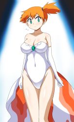 Rule 34 | 1girl, absurdres, artist request, bare shoulders, black background, blush, body blush, breasts, cleavage, collarbone, cosplay, covered navel, creatures (company), elbow gloves, fake tail, female focus, game freak, gen 1 pokemon, gloves, goldeen, goldeen (cosplay), green eyes, hair ornament, highres, jewelry, large breasts, leotard, light, lips, misty (pokemon), nintendo, orange hair, pokemon, pokemon (anime), pokemon (classic anime), pokemon ep043, rubber band, shiny clothes, shiny skin, short hair, short ponytail, side ponytail, solo, spotlight, su retro space, tail, thick thighs, thighs, white gloves, white leotard