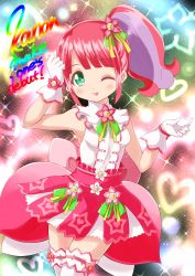 Rule 34 | !, 1girl, absurdres, bad id, bad pixiv id, bare shoulders, blush, character name, dress, flower, gloves, green eyes, hair flower, hair ornament, heart, heart-shaped pupils, highres, kanon (pripara), light purple hair, long hair, multicolored hair, one eye closed, pink hair, pretty series, pripara, side ponytail, solo, soraryu saworu, sparkle, symbol-shaped pupils, thighhighs, tongue, tongue out, two-tone hair