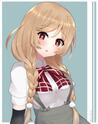 Rule 34 | 1girl, :o, black gloves, blonde hair, blush, bow, bowtie, braid, breasts, buttons, collared shirt, elbow gloves, gloves, grey skirt, hair ornament, hair over shoulder, head tilt, high-waist skirt, highres, kantai collection, long hair, looking at viewer, medium breasts, minegumo (kancolle), parted lips, red bow, red bowtie, red eyes, shirt, short sleeves, skirt, solo, suspender skirt, suspenders, twin braids, twintails, twitter username, upper body, very long hair, white shirt, yukikasa (ro-ga-o-y)