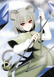 Rule 34 | 1girl, animal, animal ears, basket, blue sky, dowsing rod, female focus, gld-sakky, gradient background, grey hair, highres, jewelry, mouse (animal), mouse ears, mouse tail, nazrin, outdoors, red eyes, short hair, sky, solo, tail, touhou