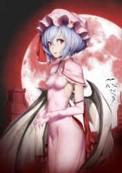 Rule 34 | 1girl, absurdres, bat (animal), bat wings, blue hair, breasts, closed mouth, cowboy shot, dress, earrings, elbow gloves, covered erect nipples, fang, gloves, hat, hat ribbon, highres, huai diao de zongzi, jewelry, lips, lipstick, looking to the side, makeup, mob cap, moon, necklace, night, nipples, outdoors, pink dress, pointy ears, red eyes, red moon, red sky, remilia scarlet, ribbon, short hair, sky, small breasts, solo, touhou, wings