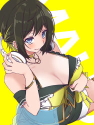 Rule 34 | 163 (shiromeshi), 1girl, akashi maho, bangle, black hair, black shorts, blonde hair, blouse, blue eyes, bracelet, breasts, character name, cleavage, close-up, collarbone, covered erect nipples, cowboy shot, d4dj, frilled straps, from above, gold choker, gold necklace, half updo, halterneck, headphones, headphones around neck, jewelry, large breasts, looking at viewer, looking up, multicolored hair, multicolored shirt, necklace, shirt, short hair, shorts, sidelocks, simple background, sitting, smile, solo, spaghetti strap, spread legs, thighlet, unzipping, white shirt, yellow background, yellow shirt, zipper, zipper pull tab