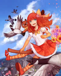 Rule 34 | 1girl, anime north, beaver, bell, bird, blue eyes, blue sky, bow, broom, broom riding, building, canada, city, cloud, day, elbow gloves, flower, gloves, goose, hoppouno momiji, jingle bell, mary janes, open mouth, orange gloves, pleated skirt, red hair, round teeth, sailor collar, sangcoon, shoes, skirt, sky, smile, solo, striped clothes, striped thighhighs, sunflower, teeth, thighhighs
