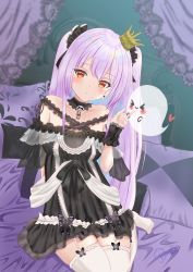 Rule 34 | 1girl, absurdres, aqua hair, bare shoulders, black choker, black dress, blush, bow, breasts, choker, closed mouth, collarbone, colored inner hair, crown, dot mouth, dress, dress bow, fandead (uruha rushia), frilled dress, frilled straps, frilled thighhighs, frills, garter straps, ghost, gradient hair, highres, hololive, lace, lace choker, long hair, multicolored hair, no shoes, off-shoulder dress, off shoulder, on bed, pink hair, red eyes, see-through, see-through sleeves, short dress, short sleeves, sitting, skindentation, small breasts, solo focus, thighhighs, tilted headwear, two side up, uruha rushia, uruha rushia (3rd costume), user vnxg2738, virtual youtuber, white garter straps, white thighhighs, wristband, yokozuwari