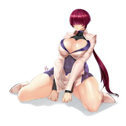 Rule 34 | 1girl, breasts, cleavage, cleavage cutout, clothing cutout, hair over eyes, heart cutout, highres, huge breasts, mole, mole on breast, red hair, shermie (kof), sitting, snk, solo, the king of fighters, zcune, zipper