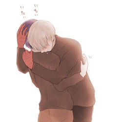 Rule 34 | 1boy, 1girl, bad id, bad pixiv id, brown pants, brown skirt, brown sweater, colored skin, commentary request, couple, grey hair, hair over eyes, hand on another&#039;s head, hands up, hug, kaneki ken, kirishima touka, leaning back, long sleeves, pants, purple hair, red skin, short hair, simple background, skirt, sweater, tokyo ghoul, tokyo ghoul:re, toukaairab, translation request
