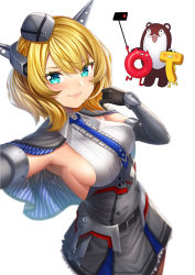 Rule 34 | 1girl, 3others, anchor, aqua eyes, armpits, blonde hair, blue neckwear, blush, bokukawauso, breasts, capelet, cellphone, closed mouth, collarbone, colorado (kancolle), commentary request, dress, elbow gloves, enemy lifebuoy (kancolle), gloves, hair between eyes, hat, headgear, holding, kantai collection, large breasts, looking at viewer, mascot, multiple others, necktie, open mouth, otter, pantyhose, phone, selfie, short hair, sideboob, simple background, smartphone, smile, standing, t-head admiral, taking picture, unowen, v, white background