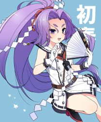 Rule 34 | 10s, 1girl, :d, belt, blue background, character name, dress, gloves, hand fan, hatsuharu (kancolle), hikimayu, kantai collection, long hair, open mouth, ponytail, purple eyes, purple hair, sailor dress, shide, shirogane rio (artist), simple background, smile, solo, very long hair, white gloves