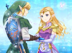 Rule 34 | 1boy, 1girl, artist request, blonde hair, blue background, brown gloves, closed mouth, commission, couple, dress, earrings, elbow gloves, elf, expressionless, eye contact, fairy, fingerless gloves, gloves, green headwear, green tunic, grey gloves, hat, hetero, highres, holding, holding hands, holding instrument, hylian shield, instrument, jewelry, link, long hair, looking at another, master sword, neck, nintendo, ocarina, pink dress, pixiv commission, pointy ears, princess zelda, shield, shield on back, short hair, smile, standing, sword, the legend of zelda, the legend of zelda: ocarina of time, tiara, wavy hair, weapon