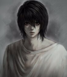 Rule 34 | 1boy, bags under eyes, black eyes, black hair, closed mouth, death note, hair between eyes, highres, l (death note), male focus, messy hair, monochrome, pale skin, shirt, short hair, simple background, solo, sso s, teardrop, upper body, white shirt