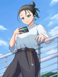 Rule 34 | 1girl, against railing, alternate hairstyle, belt, black hair, black pants, blue sky, breasts, brown belt, cellphone, closed mouth, clover, clover earrings, commentary request, four-leaf clover, gradient hair, green eyes, green hair, holding, holding phone, looking at phone, love live!, love live! nijigasaki high school idol club, medium breasts, momo mochi (favk5328), multicolored hair, outdoors, pants, phone, railing, shirt, sky, smartphone, solo, standing, takasaki yu, upper body, white shirt, wireless earphones