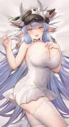 Rule 34 | 1girl, animal ears, animal print, bare shoulders, blue hair, blush, breasts, catura (granblue fantasy), cleavage, cow ears, cow girl, cow hat, cow horns, cow print, detached collar, draph, dress, ear piercing, granblue fantasy, hat, highres, horns, huge breasts, long hair, looking at viewer, open mouth, piercing, pointy ears, siu (siu0207), smile, solo, thighhighs, thighs, white dress, white thighhighs, yellow eyes