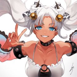 Rule 34 | 1girl, bell, belt collar, blue eyes, bow, breasts, cleavage, collar, dark-skinned female, dark skin, detached sleeves, eyelashes, fingernails, floating hair, grin, hair bell, hair bow, hair ornament, hand up, highres, hoojiro, horns, jingle bell, large breasts, long hair, long sleeves, looking at viewer, nail polish, nijisanji, o-ring, o-ring top, parted bangs, plaid, plaid bow, signature, simple background, smile, solo, todoroki kyouko, todoroki kyouko (1st costume), twintails, upper body, virtual youtuber, w, white background, white hair, white nails