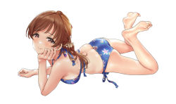 Rule 34 | 1girl, ass, barefoot, bikini, blue bikini, blush, brown hair, butt crack, dorsiflexion, feet, feet up, floral print, hamedoragon, hand on own cheek, hand on own face, head rest, idolmaster, idolmaster cinderella girls, looking at viewer, lying, nitta minami, on stomach, revision, simple background, skindentation, smile, soles, solo, swimsuit, toes, white background