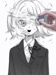 Rule 34 | 1girl, 1other, ambiguous gender, bad id, bad twitter id, blazer, collared shirt, crying, crying with eyes open, dress shirt, eraser, eraser dust, erasing, floating hair, highres, inactive account, jacket, lapels, neck ribbon, nemui (nr4jk), open mouth, original, out of frame, partially colored, ribbon, sad smile, shirt, short hair, simple background, tears, upper body, white background