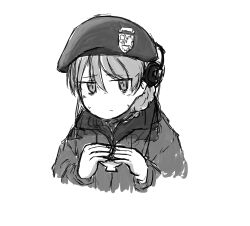 Rule 34 | 1girl, absurdres, alternate costume, beret, braid, coat, collared jacket, cup, darjeeling (girls und panzer), emblem, female focus, frown, girls und panzer, hair between eyes, hat, headphones, headphones over headwear, headset, highres, holding, holding cup, jacket, layered clothes, looking at viewer, looking to the side, military, military jacket, monochrome, panzermeyer1223, portrait, profile, simple background, solo, st. gloriana&#039;s (emblem), sweat, sweatdrop, teacup, twin braids, uncomfortable, white background, winter clothes, winter coat, world war ii