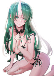Rule 34 | 1girl, arknights, bare arms, bare shoulders, bikini, black bikini, breasts, commentary request, detached collar, green eyes, green hair, hand up, henz, highres, horns, hoshiguma (arknights), large breasts, long hair, looking at viewer, navel, side-tie bikini bottom, simple background, single horn, smile, solo, stomach, swimsuit, thighs, white background