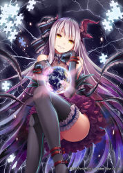 Rule 34 | 1girl, akkijin, black dress, broken, broken glass, darkness, demon horns, dress, earth (planet), glass, horns, legs, looking at viewer, purple hair, puzzle, puzzle piece, shinkai no valkyrie, sitting, solo, thighhighs, thighs, yellow eyes