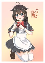 Rule 34 | 1girl, ahoge, alternate costume, apron, artist logo, black dress, black hair, blue eyes, bow, bowtie, braid, brown footwear, dated, dress, frilled apron, frilled dress, frills, gradient background, hair flaps, hair ornament, hair over shoulder, heart, heart hands, highres, kantai collection, kneeling, loafers, long hair, looking at viewer, no chi (aka hara), red bow, red bowtie, shigure (kancolle), shigure kai ni (kancolle), shoes, single braid, solo, thighhighs, white apron, white thighhighs
