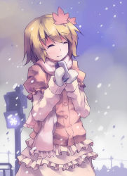 Rule 34 | 1girl, ^ ^, aki shizuha, alternate costume, blonde hair, can, closed eyes, female focus, hair ornament, huanxiang huifeng, leaf, leaf hair ornament, leaf on head, light smile, mittens, nodata, scarf, short hair, skirt, smile, snow, snowflakes, snowing, solo, touhou, traffic light, winter, winter clothes