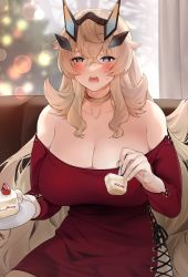Rule 34 | 1girl, bare shoulders, blonde hair, breasts, cake, choker, cleavage, collarbone, couch, cross-laced clothes, barghest (fate), fate/grand order, fate (series), food, fork, fruit, green eyes, highres, horns, jewelry, large breasts, long hair, long sleeves, looking at viewer, neck ring, off-shoulder shirt, off shoulder, open mouth, plate, red shirt, shirt, sino42, sitting, solo, strawberry
