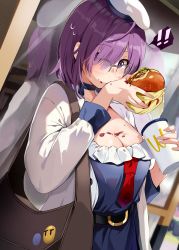 Rule 34 | 1girl, absurdres, bag, belt, blush, breasts, burger, choker, cleavage, dress, eating, fate/grand order, fate (series), food, frilled dress, frills, glasses, hair over one eye, hat, highres, holding, holding food, large breasts, long sleeves, looking at viewer, mash kyrielight, neckerchief, purple eyes, purple hair, reflection, short hair, solo, sweat, togo (korlsj1235)