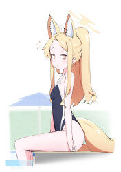 Rule 34 | 1girl, absurdres, animal, animal ear fluff, animal ears, animal on head, bare arms, bare legs, bare shoulders, bird, bird on head, black one-piece swimsuit, blonde hair, blue archive, blush, breasts, closed mouth, extra ears, feet out of frame, fox ears, halo, highres, komasi, long hair, looking at viewer, on head, one-piece swimsuit, school swimsuit, seia (blue archive), sitting, small breasts, solo, swimsuit, white bird, yellow eyes, yellow halo