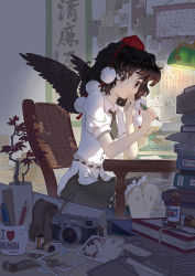 Rule 34 | 1girl, alice margatroid, artist name, bags under eyes, black necktie, black skirt, black wings, blouse, book, book stack, bottle, brown eyes, brown hair, calendar (object), camera, chair, commentary request, copyright name, cup, dahuang, dated, desk lamp, film cartridge, film strip, folder, hakurei reimu, hat, head rest, holding, holding pen, indoors, kirisame marisa, lamp, leaf, looking away, maple leaf, mug, necktie, nervous, nib pen (object), pen, pencil, photo (object), plant, pom pom (clothes), potted plant, pouch, puffy short sleeves, puffy sleeves, revision, ribbon-trimmed clothes, ribbon trim, ruler, shameimaru aya, shirt, short hair, short necktie, short sleeves, sitting, skirt, solo, string, table, tokin hat, touhou, typewriter, wavy mouth, white shirt, wings, writing