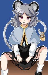 Rule 34 | 1girl, animal ears, basket, between legs, black dress, black footwear, blue background, blush, capelet, commentary request, dress, feet out of frame, grey hair, half-closed eyes, hand between legs, head tilt, highres, holding, holding basket, holding with tail, jewelry, kakineko, long sleeves, looking at viewer, mouse (animal), mouse ears, mouse tail, nazrin, outline, parted bangs, parted lips, pendant, prehensile tail, red eyes, short hair, simple background, sitting, socks, solo, tail, touhou, white outline, white socks