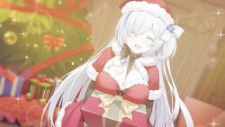 Rule 34 | 1girl, artist request, azur lane, between breasts, black nails, blue eyes, blue hair, breasts, christmas ornaments, christmas tree, cleavage cutout, clothing cutout, colored eyelashes, colored skin, dress, eyes visible through hair, fingernails, fire, fireplace, game cg, gift, gift bag, hair ornament, hair over one eye, hat, highres, jewelry, large breasts, long hair, looking at viewer, multicolored hair, nail polish, non-web source, official art, one side up, open mouth, pale skin, pom pom (clothes), red headwear, santa costume, santa dress, santa hat, smile, sparkle, streaked hair, tb (azur lane), tb (type-s) (azur lane), two-tone hair, very long hair, white hair, white skin