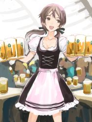 Rule 34 | 1girl, :d, alcohol, asataro, beer, beer mug, brown eyes, brown hair, collarbone, cup, dirndl, german clothes, gertrud barkhorn, hair ribbon, low twintails, maid, mug, oktoberfest, open mouth, ribbon, smile, strike witches, traditional clothes, twintails, world witches series