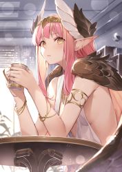 Rule 34 | 1girl, armlet, bare shoulders, window blinds, blurry, blush, bokeh, bracelet, breasts, brown wings, circe (fate), cup, depth of field, diadem, fate/grand order, fate (series), feathered wings, head wings, highres, indoors, jewelry, kaerunoko, long hair, looking at viewer, necklace, no bra, open mouth, parted lips, pink hair, pointy ears, sideboob, sidelocks, sitting, small breasts, solo, table, window, wings, yellow eyes