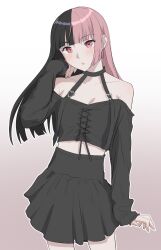 Rule 34 | 1girl, absurdres, arm up, bare shoulders, black hair, blush, gradient background, heart, highres, long hair, long sleeves, looking at viewer, miyano (user nhea8337), multicolored hair, open mouth, original, pink hair, red eyes, simple background, skirt, split-color hair, tagme