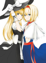 Rule 34 | 2girls, alice margatroid, alternate eye color, arm warmers, bad id, bad pixiv id, black dress, blonde hair, blue dress, blue eyes, bob cut, brown eyes, capelet, dress, from side, hairband, hat, hat ribbon, highres, holding, holding hat, kirisame marisa, long hair, looking at viewer, multiple girls, neon (syarinngann), ribbon, short hair, short sleeves, touhou, white background, witch hat